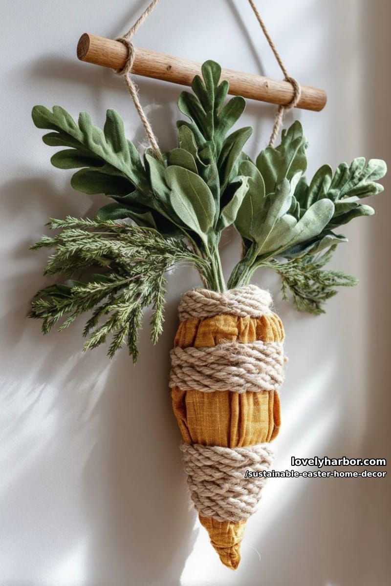 woven carrot wall hanging using jute and scrap orange fabric 1