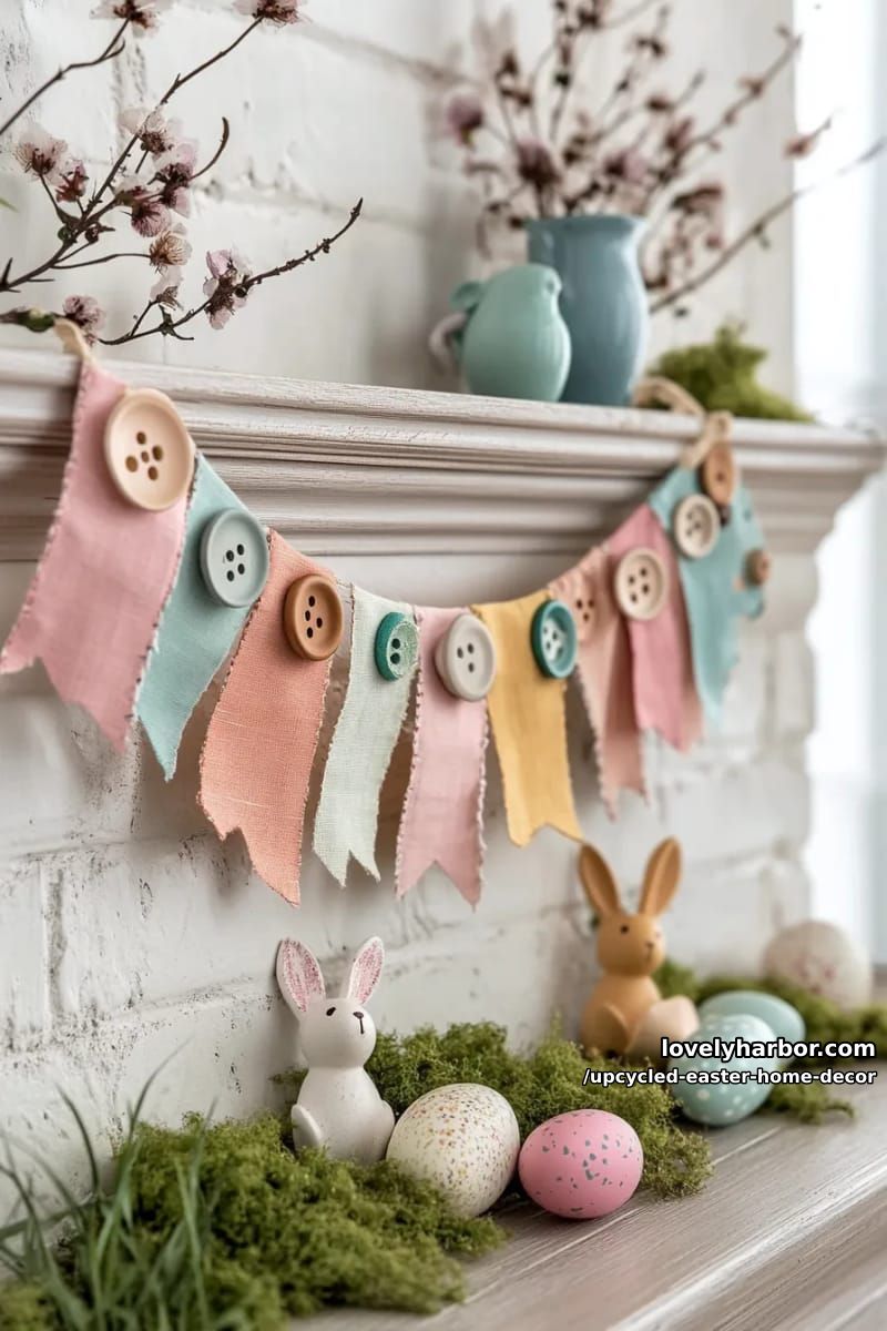 woven fabric scrap easter garland with reclaimed buttons 1