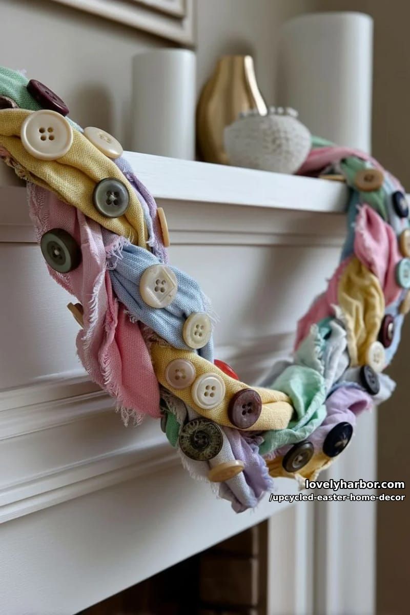 woven fabric scrap easter garland with reclaimed buttons 1