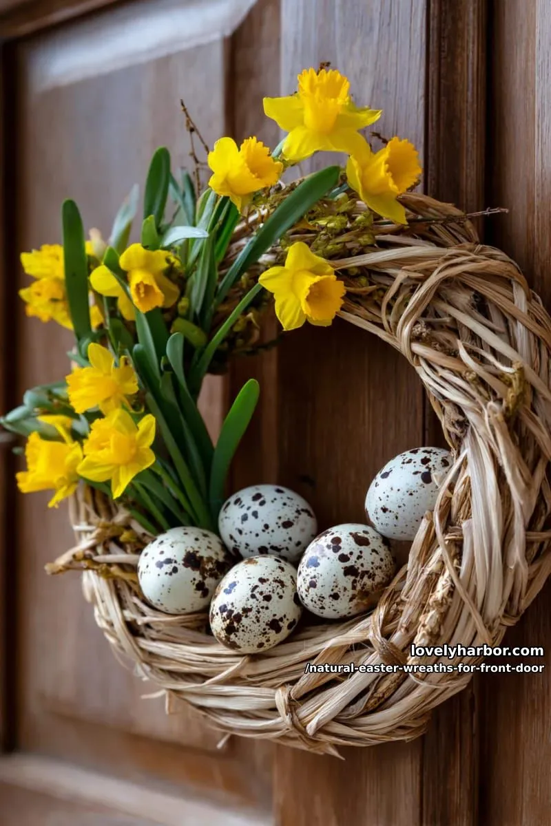 woven straw wreath with real quail eggs and blooming daffodil accents 1
