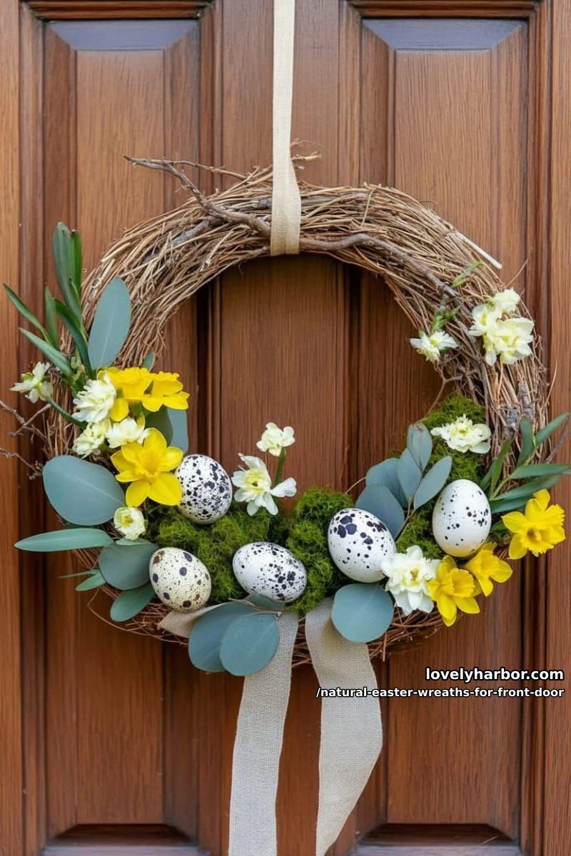 woven straw wreath with real quail eggs and blooming daffodil accents 1