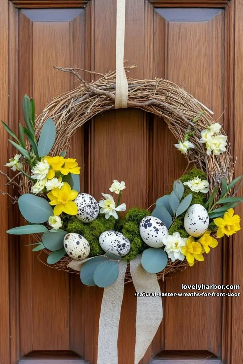 woven straw wreath with real quail eggs and blooming daffodil accents 1