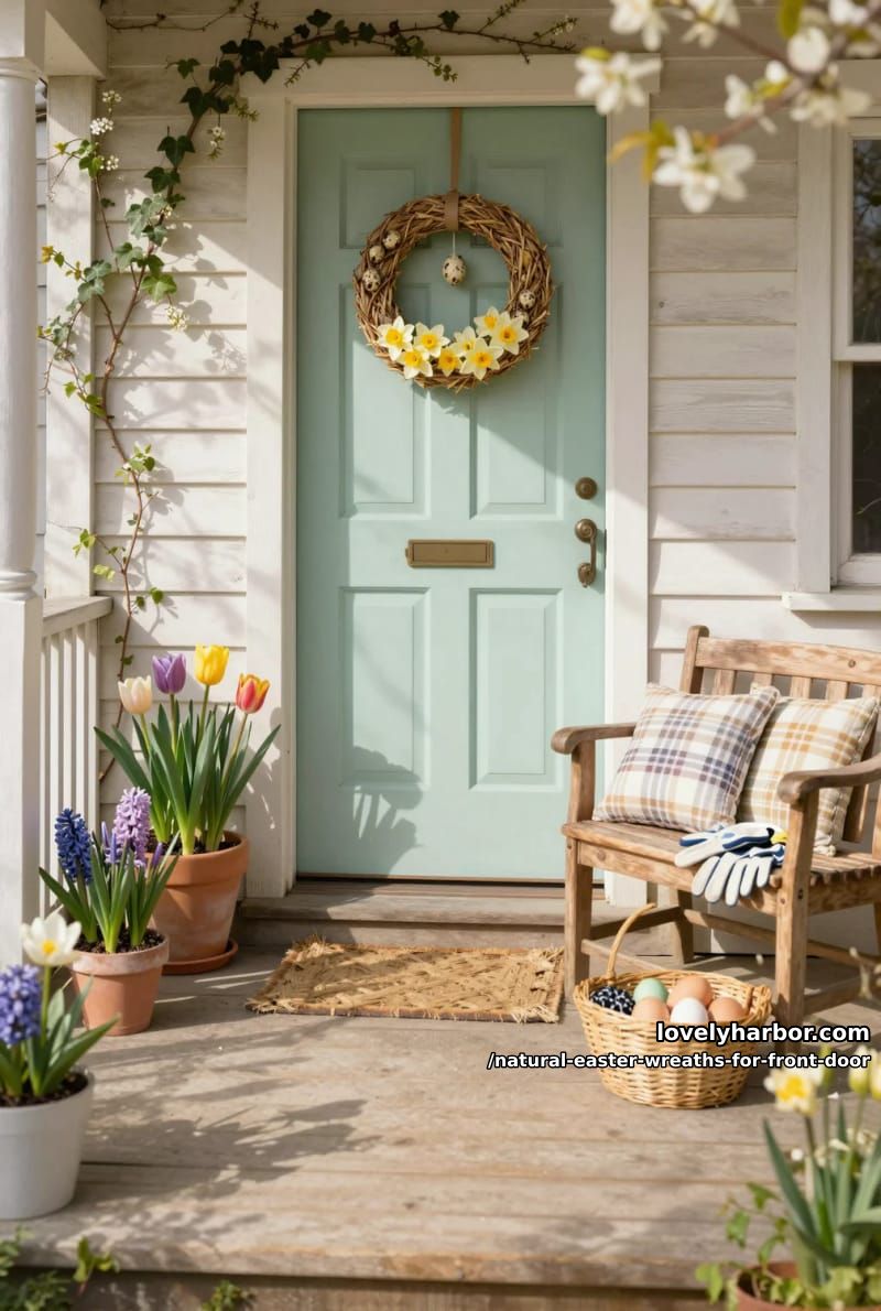 woven straw wreath with real quail eggs and blooming daffodil accents 1