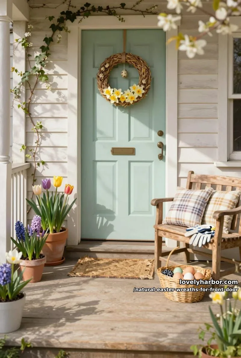 woven straw wreath with real quail eggs and blooming daffodil accents 1