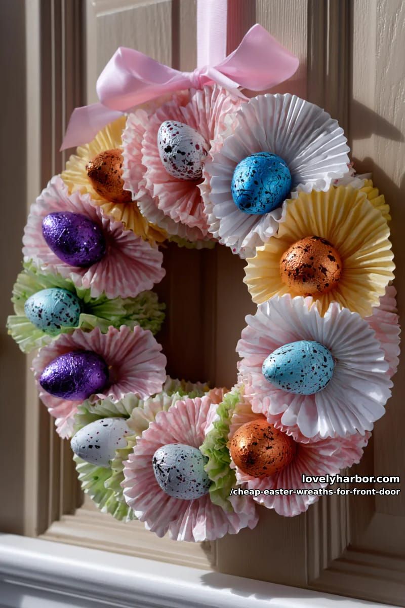 wreath made from cupcake liners with candy egg centers 1