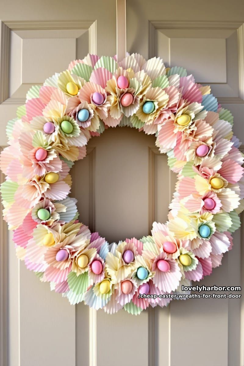 wreath made from cupcake liners with candy egg centers 1