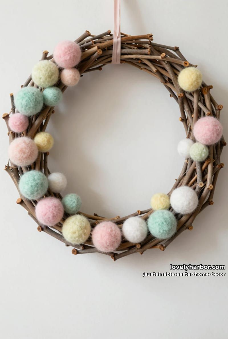 wreath made from foraged willow branches and soft wool balls 1