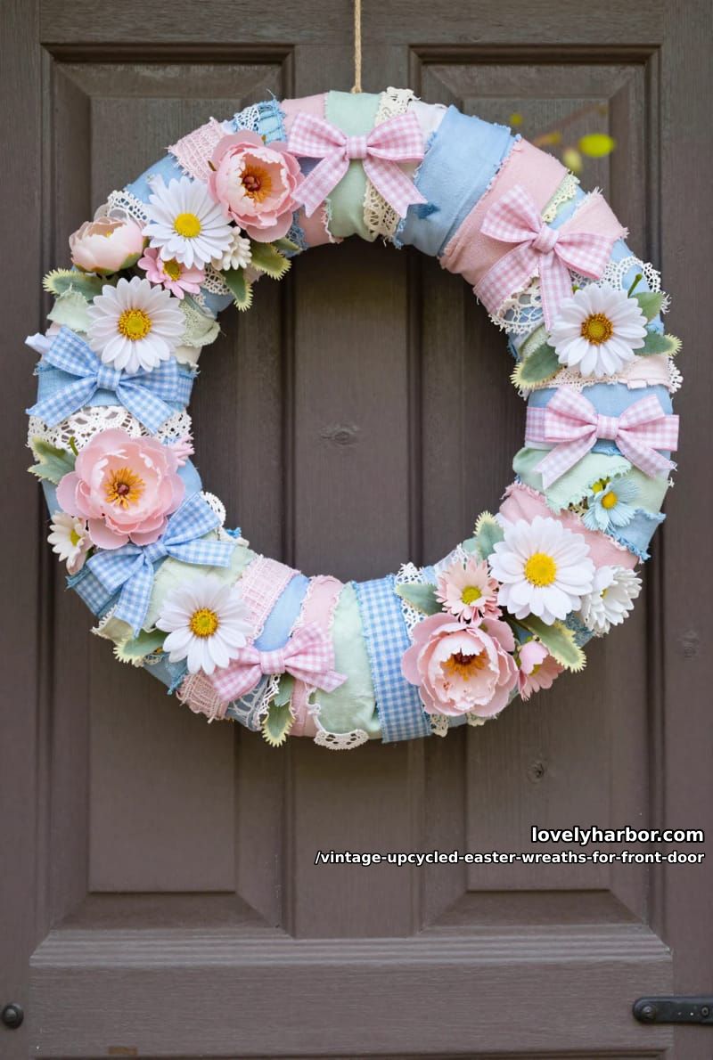 wreath made from reclaimed fabric strips, gingham bows, and pastel blooms 1