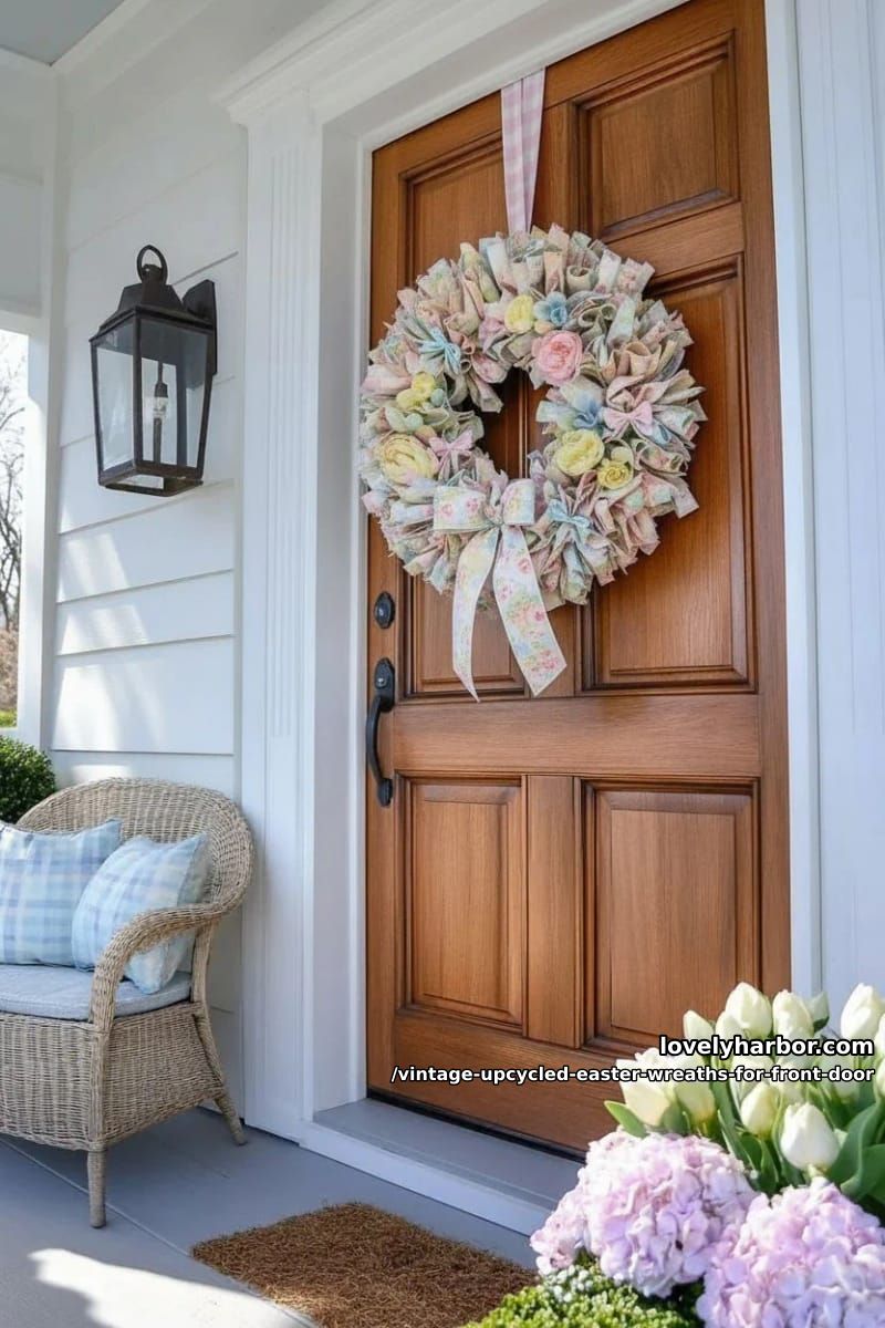 wreath made from reclaimed fabric strips, gingham bows, and pastel blooms 1