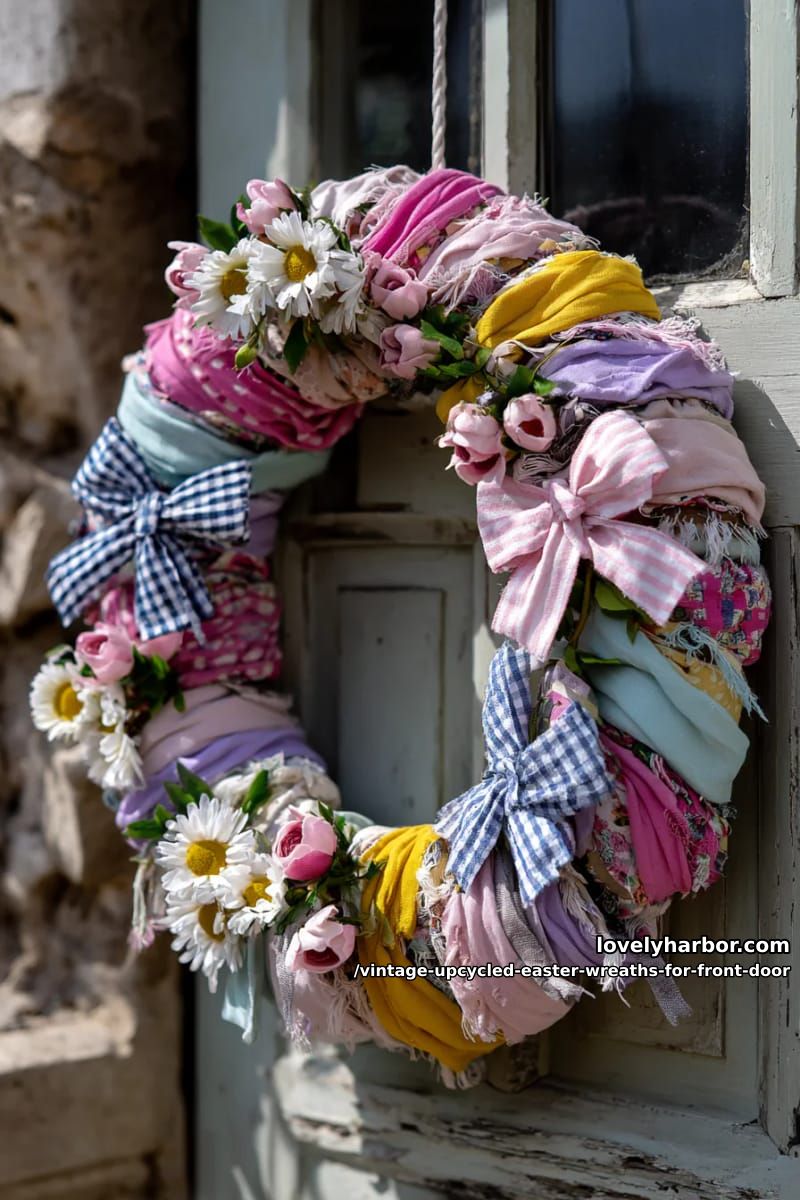 wreath made from reclaimed fabric strips, gingham bows, and pastel blooms 1