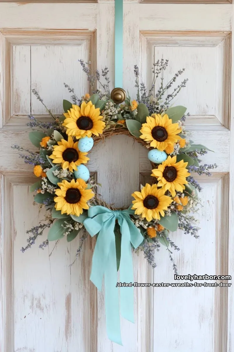 wreath of dried yellow sunflowers, sage, and robin egg blue accents 1