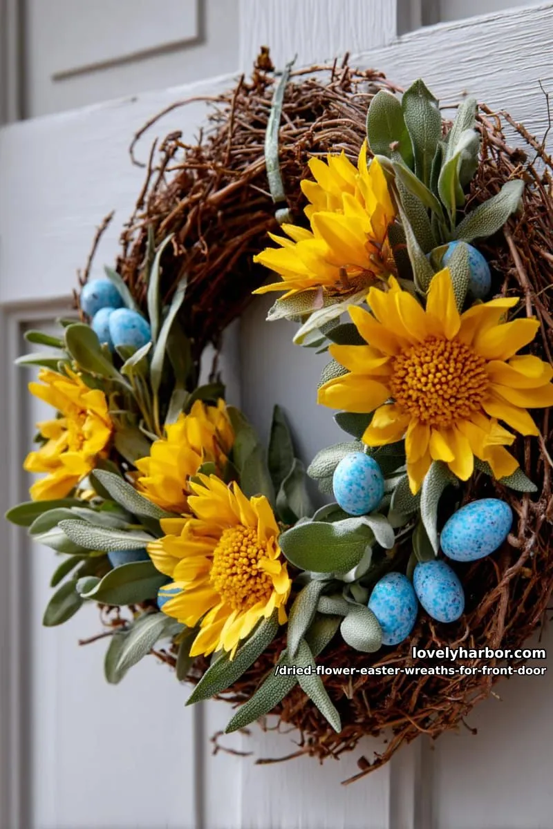 wreath of dried yellow sunflowers, sage, and robin egg blue accents 1