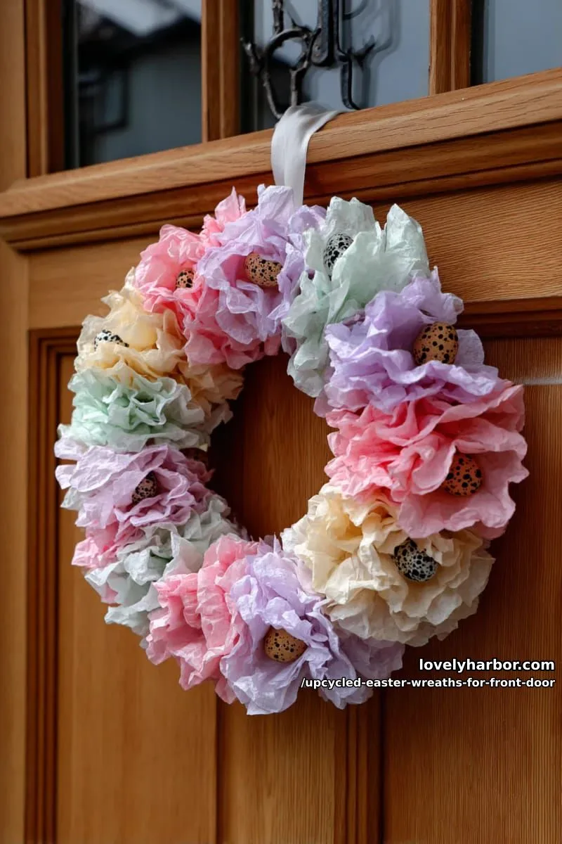 15 Upcycled Easter Wreaths For Front Door That Bring Colorful Spring Vibes 32 wreath using recycled coffee filters dyed in easter pastel shades 1