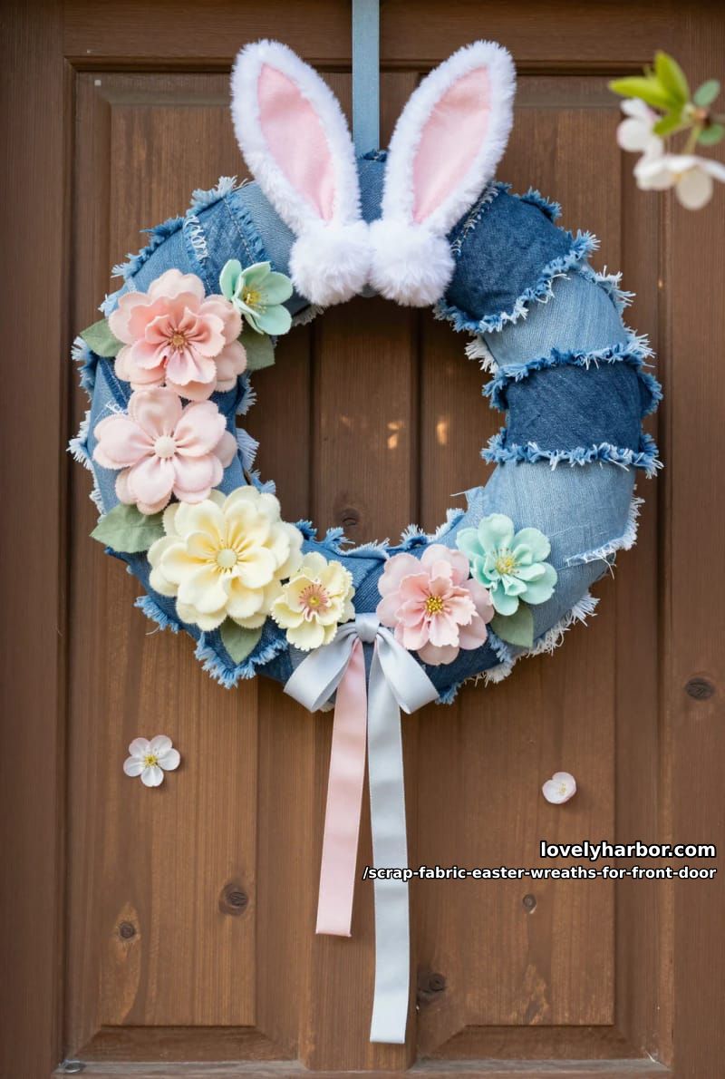 wreath wrapped in denim scraps, accented by pastel flowers and bunny ears 1