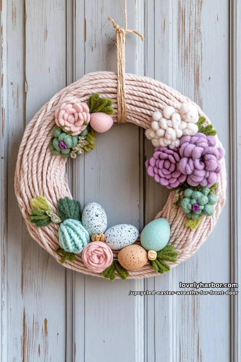 15 Upcycled Easter Wreaths For Front Door That Bring Colorful Spring Vibes 24 wreath wrapped in pastel yarn with recycled felt flowers and eggs 1