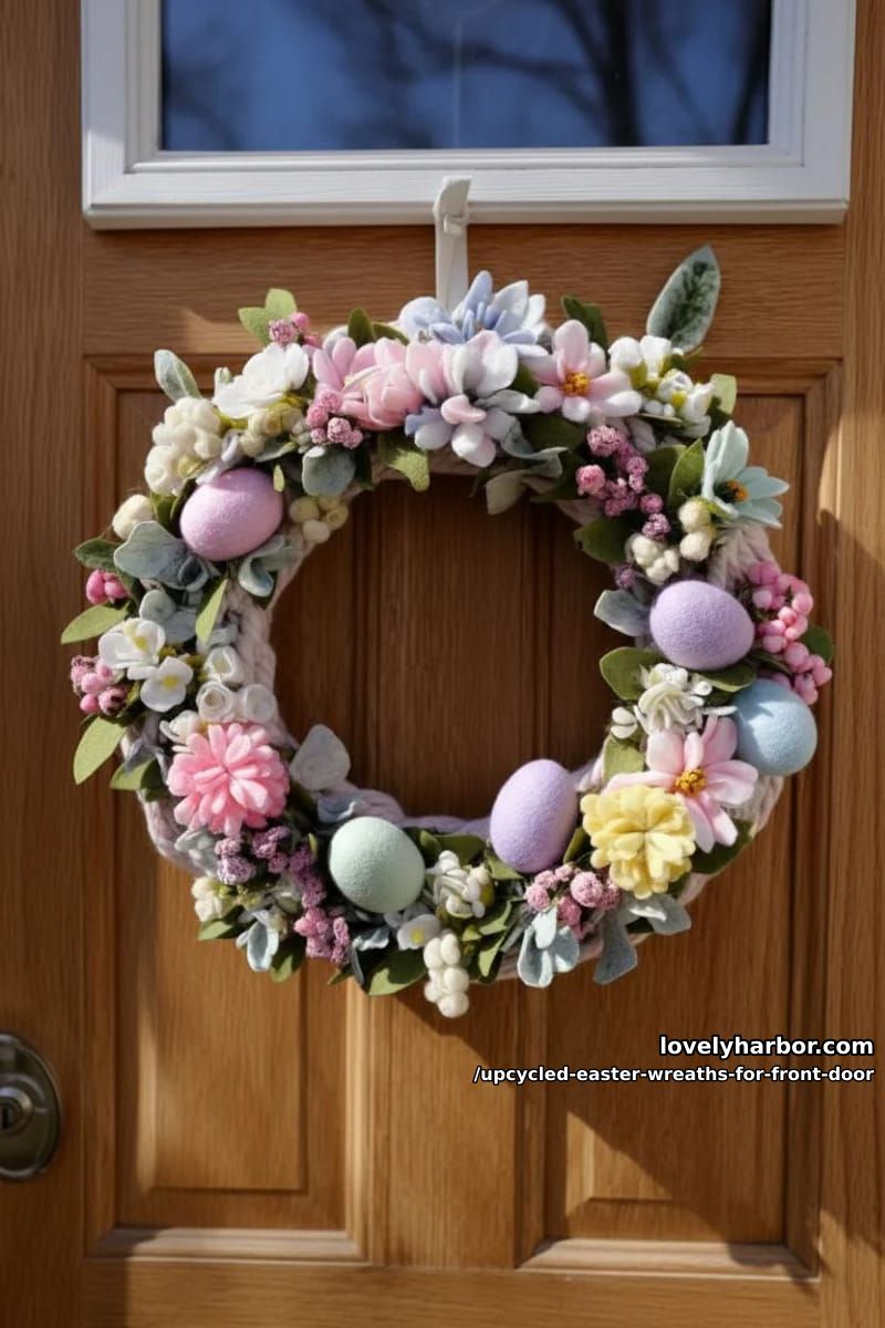 wreath wrapped in pastel yarn with recycled felt flowers and eggs 1