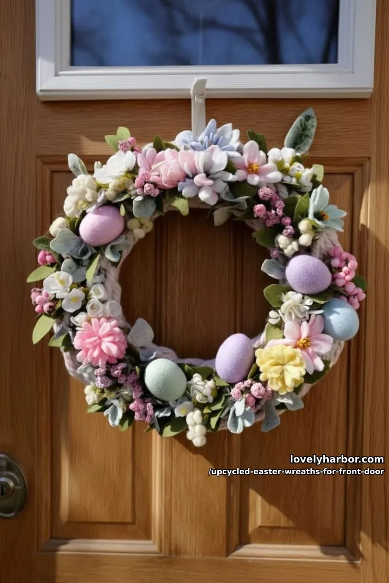15 Upcycled Easter Wreaths For Front Door That Bring Colorful Spring Vibes 25 wreath wrapped in pastel yarn with recycled felt flowers and eggs 1