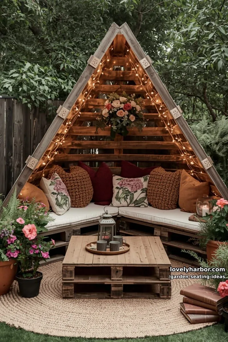 a-frame pallet seating area, string lights, potted plants, and cozy decor 1