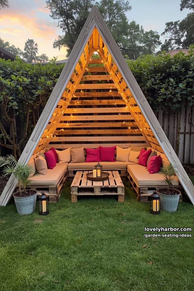 a-frame pallet seating area, string lights, potted plants, and cozy decor 1