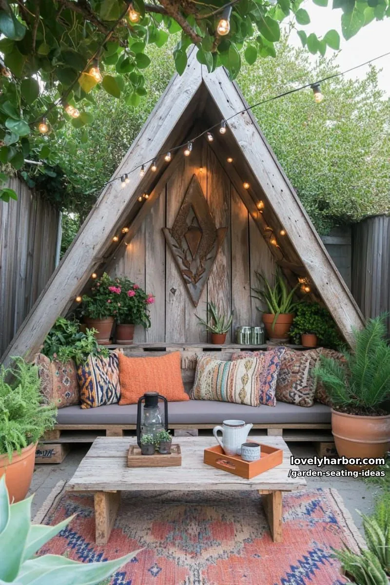 a-frame pallet seating area, string lights, potted plants, and cozy decor 1