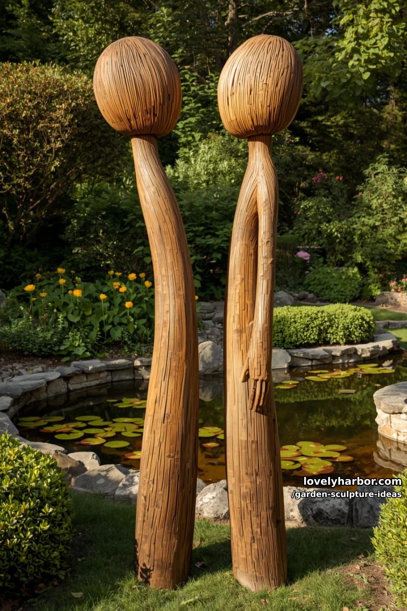abstract wooden human figures facing each other in lush garden setting. 1