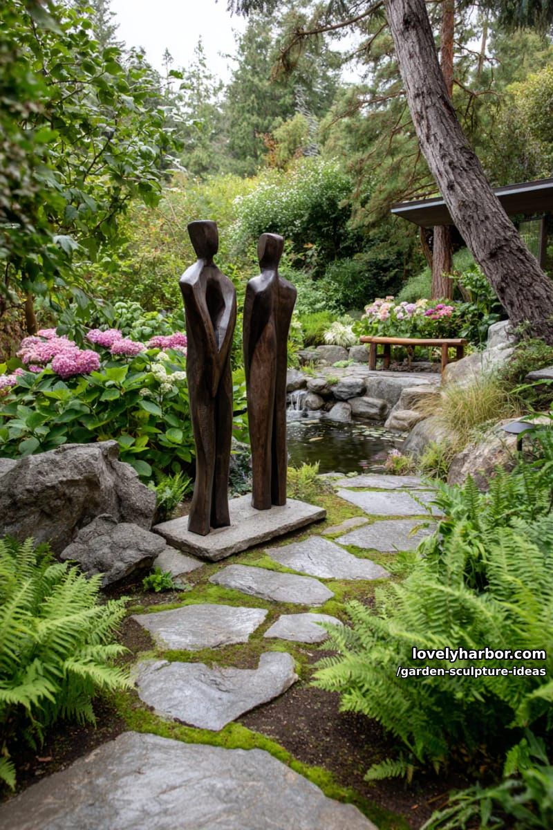 abstract wooden human figures facing each other in lush garden setting. 1