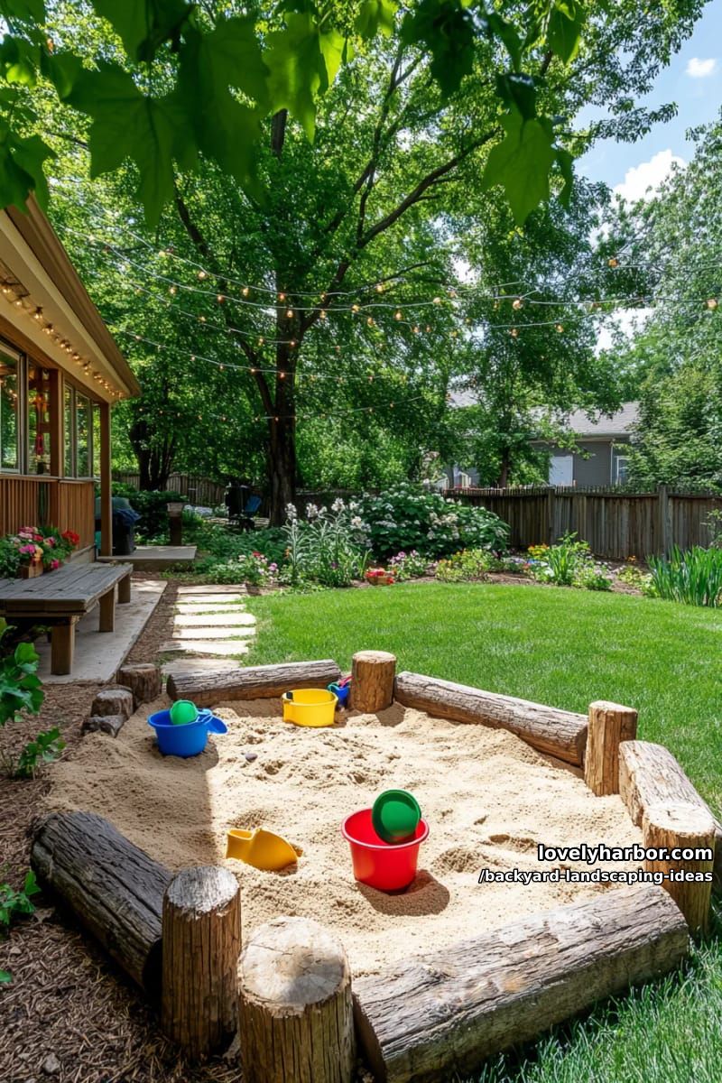 add a playground-inspired sandpit with wooden log borders. 1