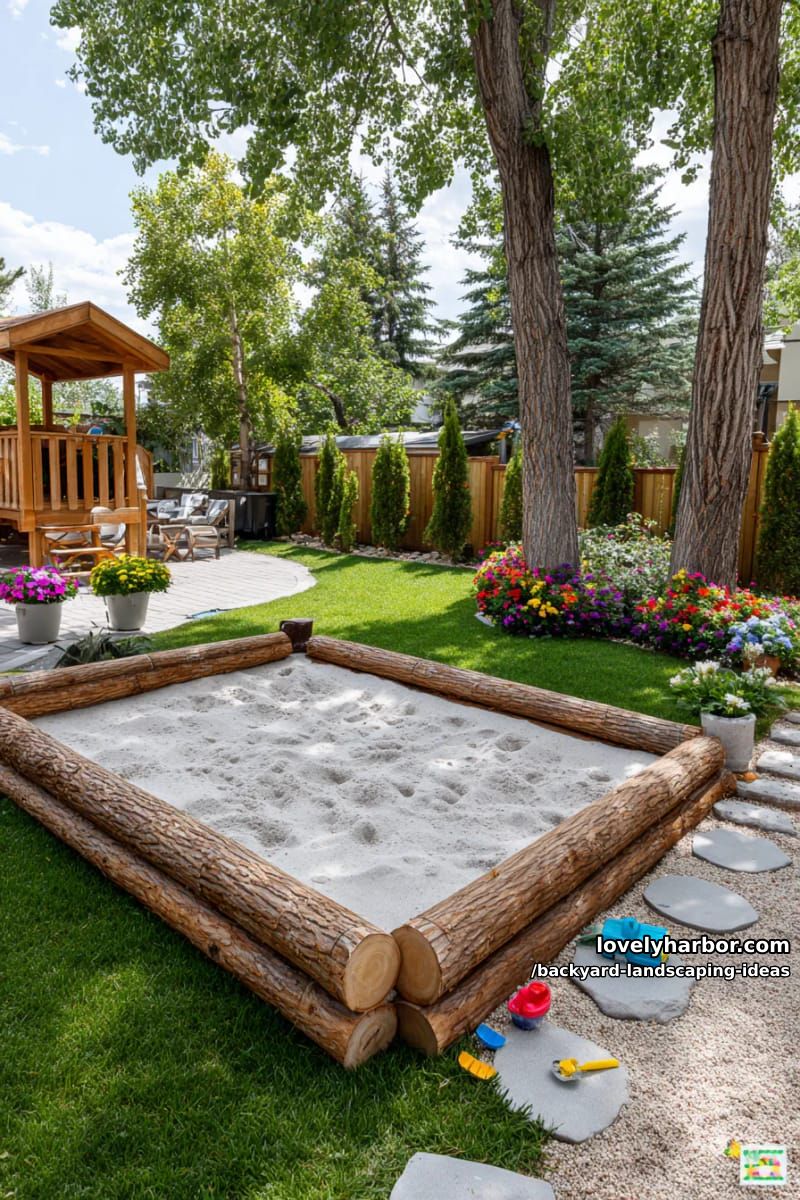 add a playground-inspired sandpit with wooden log borders. 1