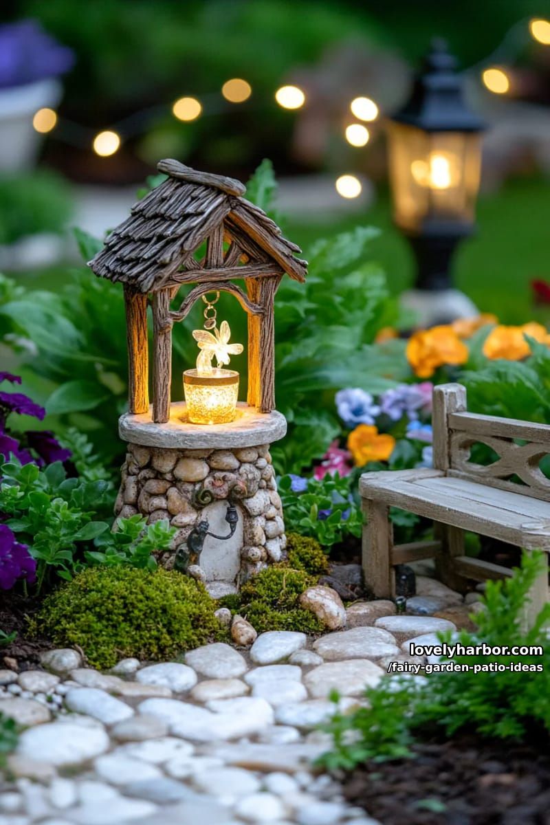 add a tiny wishing well and wooden bench among miniature shrubs. 1