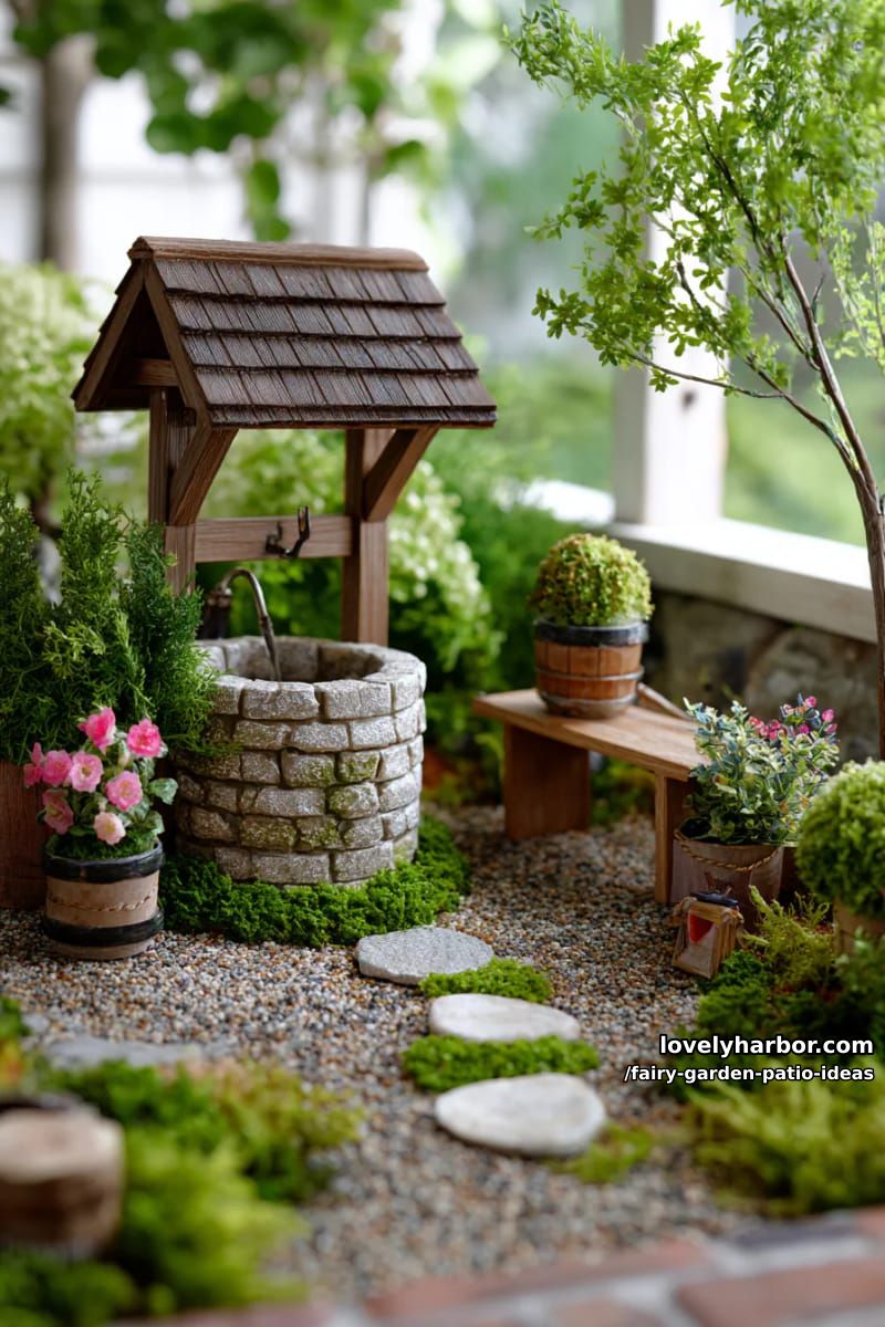 add a tiny wishing well and wooden bench among miniature shrubs. 1