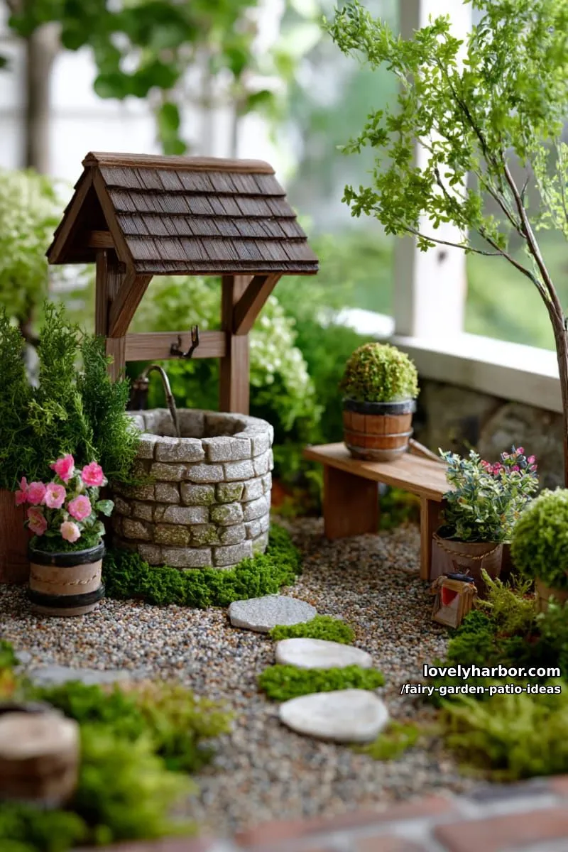 15 Enchanting Fairy Garden Patio Ideas to Inspire Your Space 34 add a tiny wishing well and wooden bench among miniature shrubs. 1