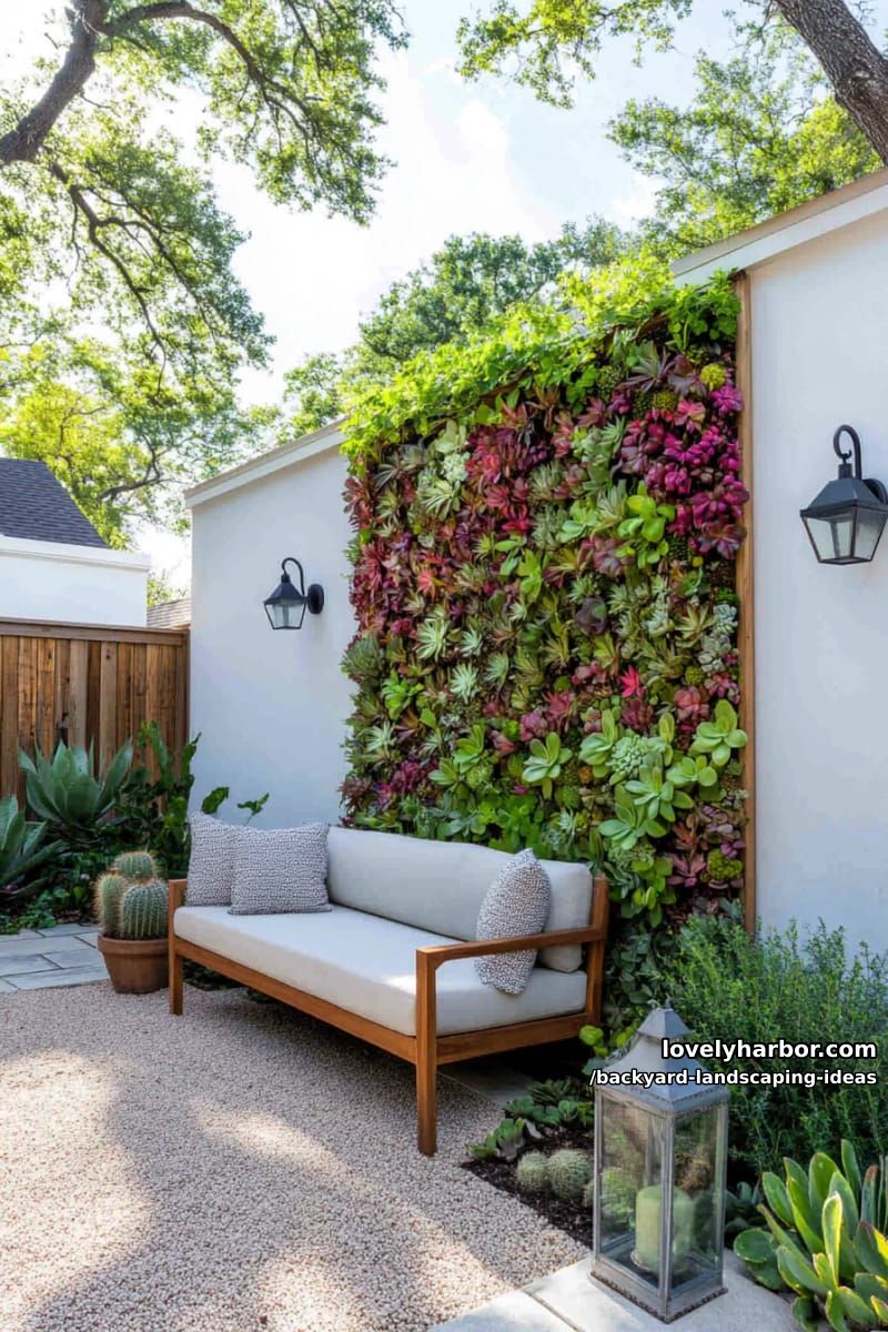 add a vertical garden wall with mixed succulents and climbing vines. 1