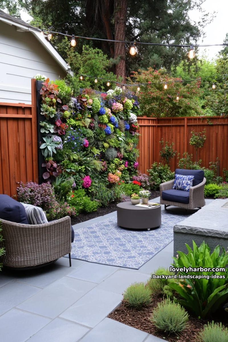 add a vertical garden wall with mixed succulents and climbing vines. 1