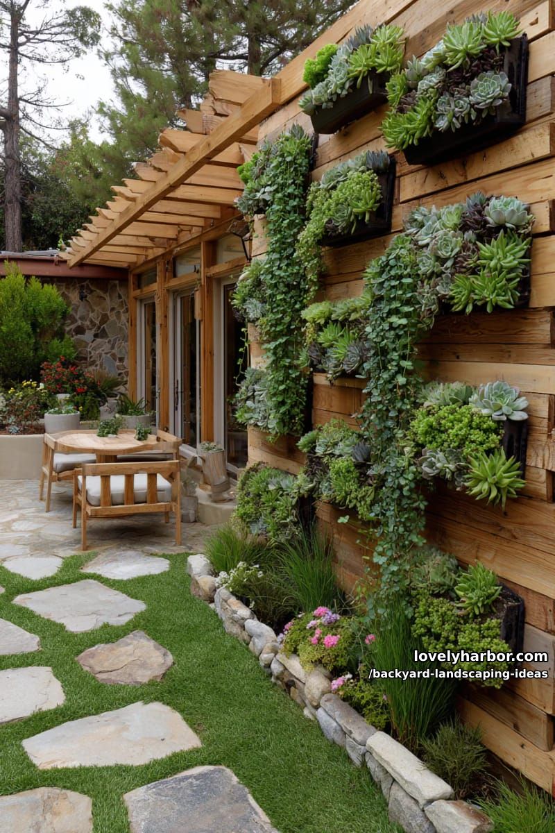 add a vertical garden wall with mixed succulents and climbing vines. 1