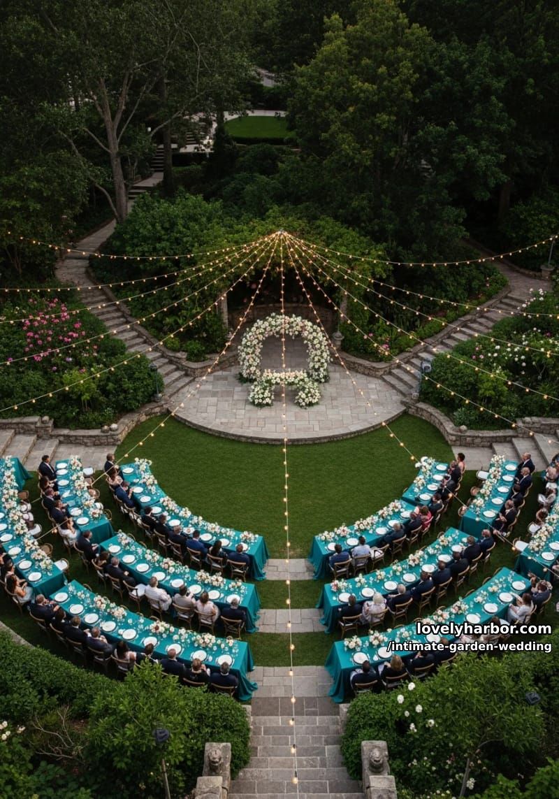 aerial amphitheater ceremony, curved teal tables, floral altar, evening string lights 1