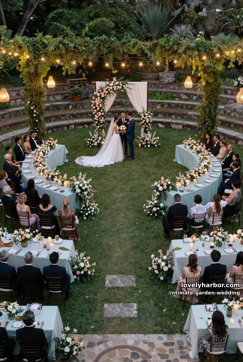 aerial amphitheater ceremony, curved teal tables, floral altar, evening string lights 1