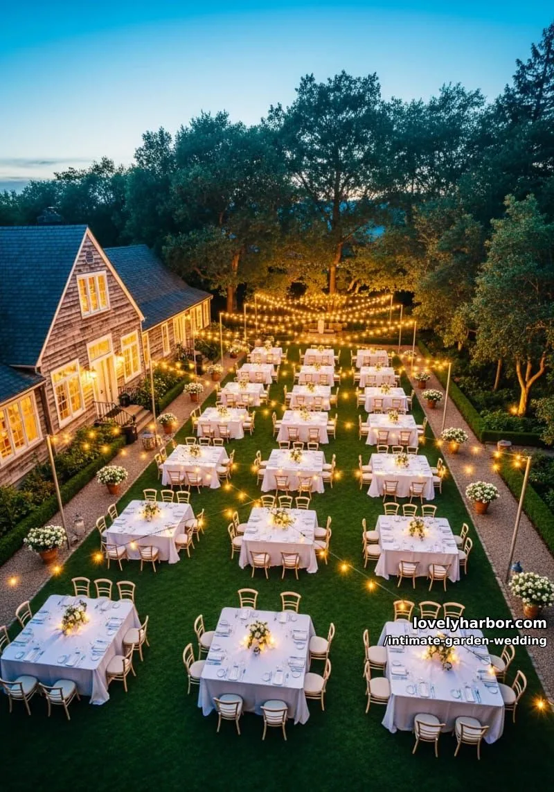 aerial view: evening garden wedding, square tables, string lights, rustic house 1