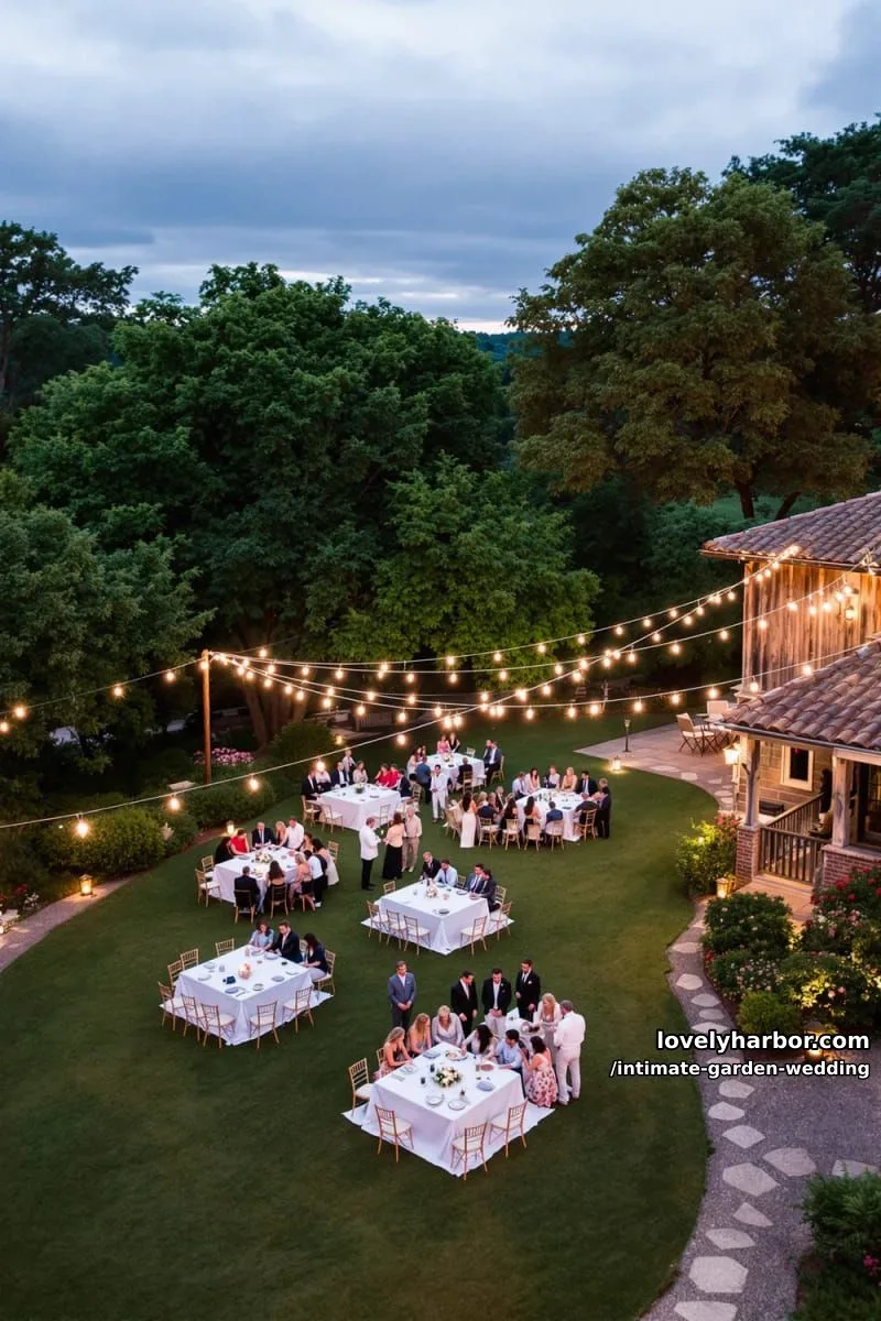 aerial view: evening garden wedding, square tables, string lights, rustic house 1