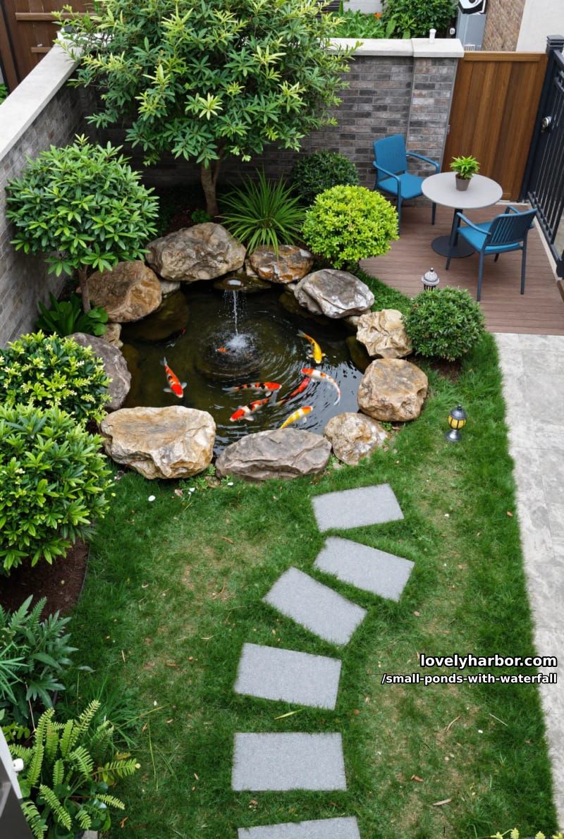 aerial view of koi pond with stepping stone path and wooden deck. 1