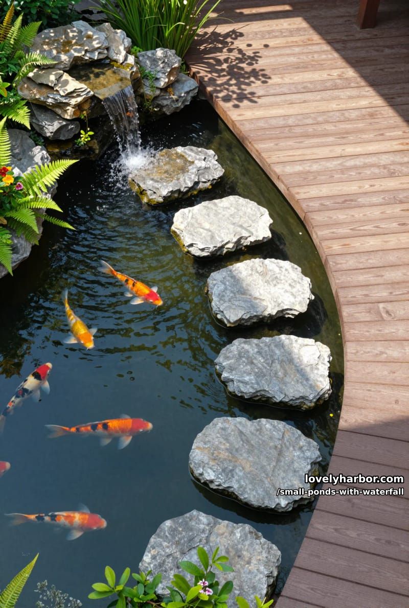 aerial view of koi pond with stepping stone path and wooden deck. 1