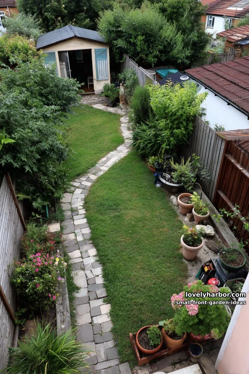 aerial view of narrow backyard with patchy lawn, pavers, pots, and shed. 1