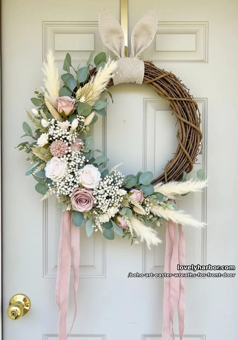 15 Boho Art Easter Wreaths for an Inviting Front Door 27 airy boho floral crescent wreath with bunny ears and blush silk ribbons 1