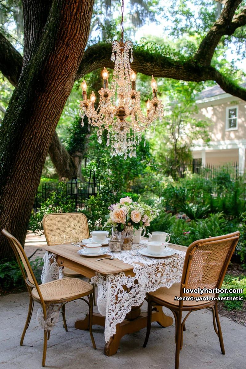 antique chandelier hanging from a tree canopy for twilight garden gatherings 1