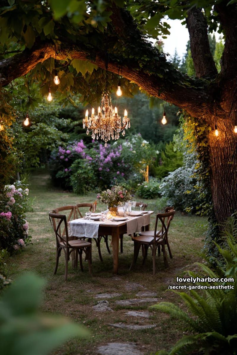 antique chandelier hanging from a tree canopy for twilight garden gatherings 1