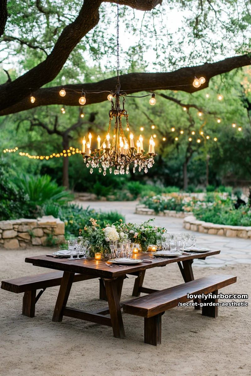 antique chandelier hanging from a tree canopy for twilight garden gatherings 1