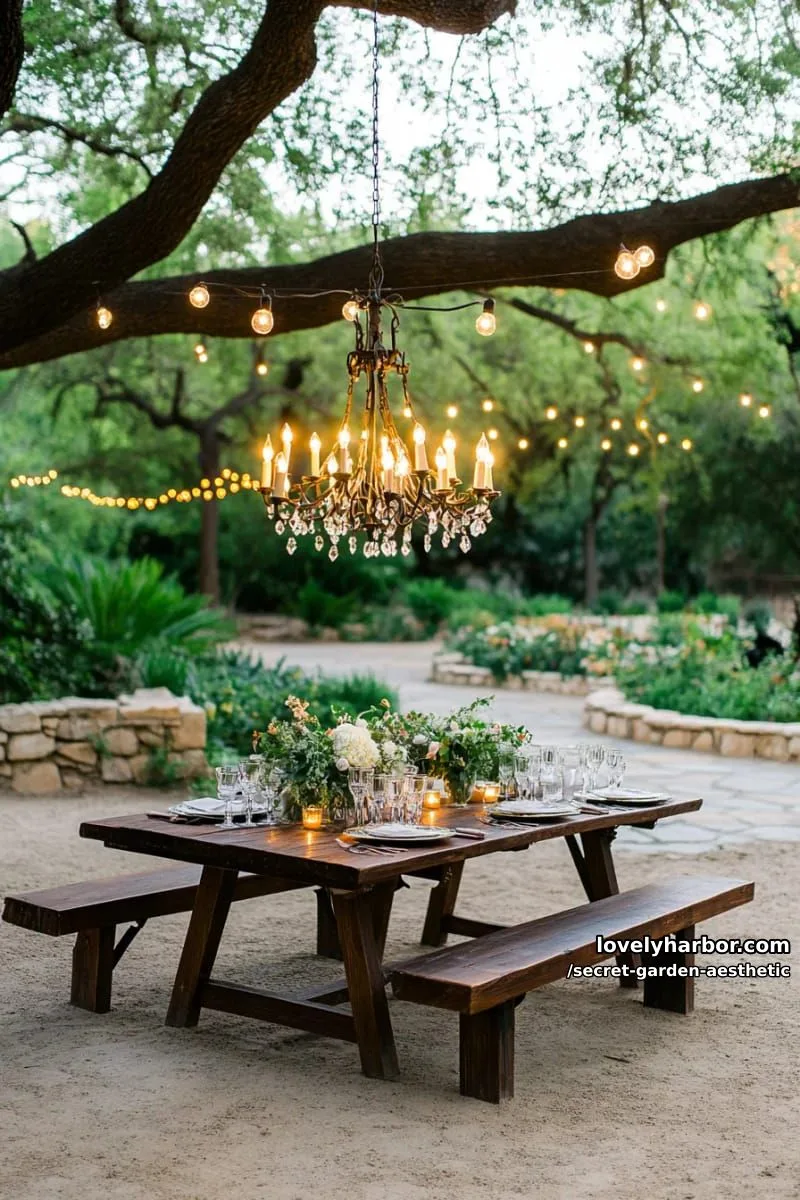 15 Secret Garden Inspirations for a Lush Backyard Retreat 20 antique chandelier hanging from a tree canopy for twilight garden gatherings 1