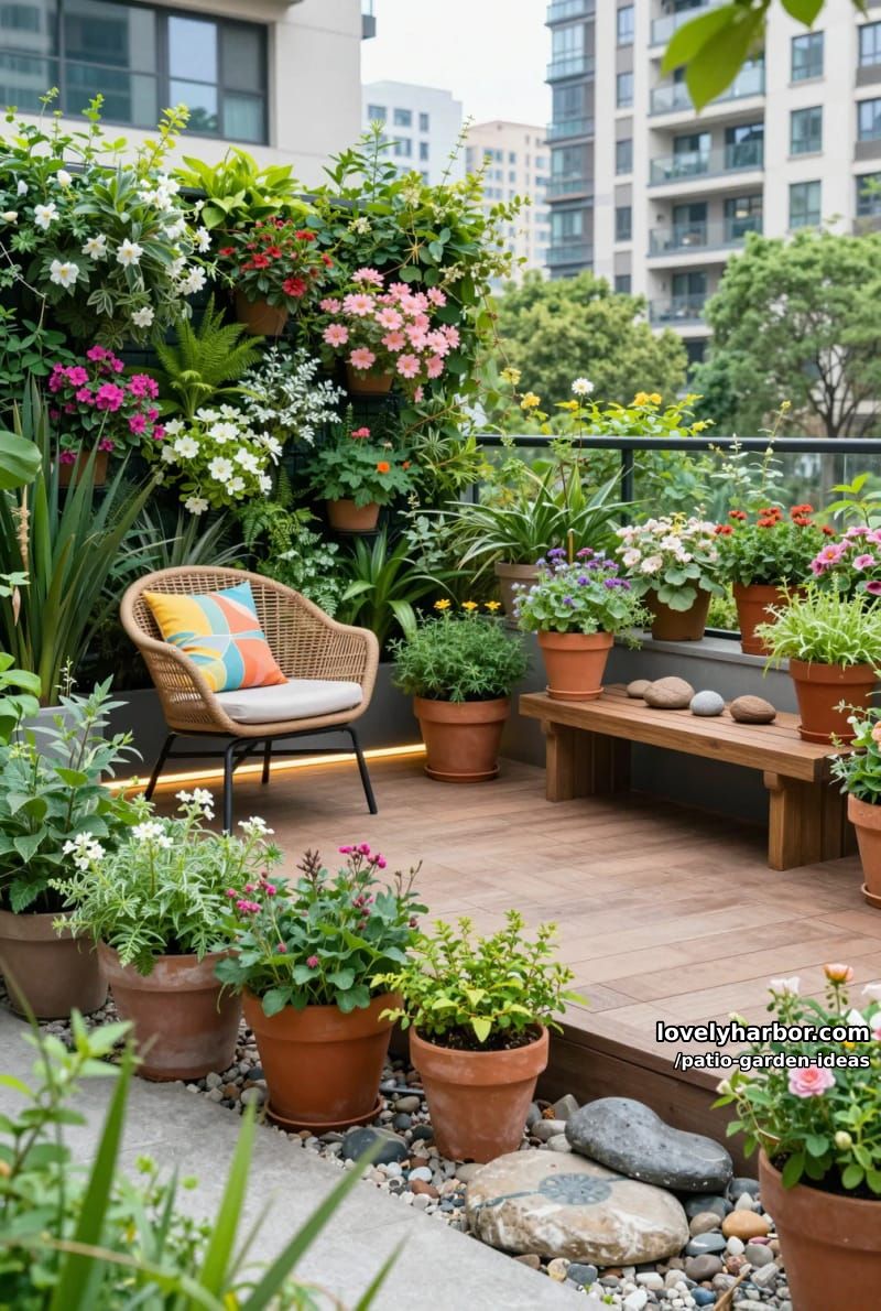 apartment patio oasis with vertical garden, cozy seating, and potted plants. 1