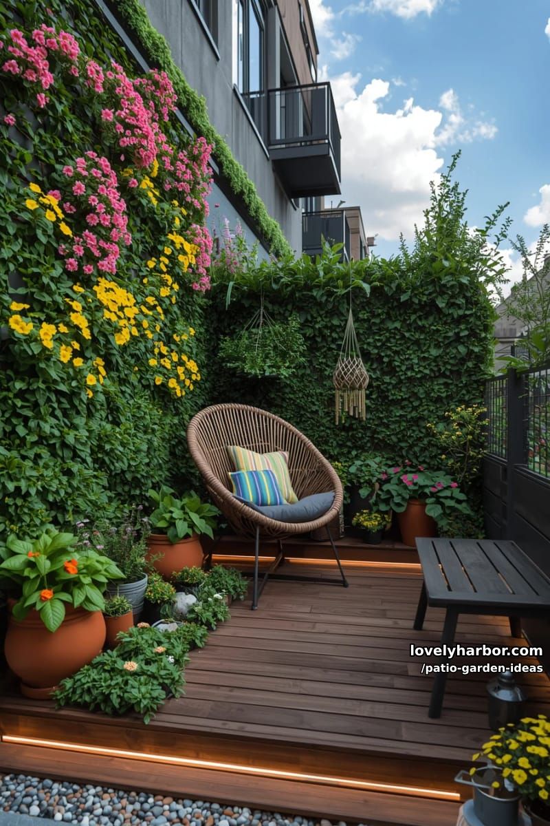 apartment patio oasis with vertical garden, cozy seating, and potted plants. 1