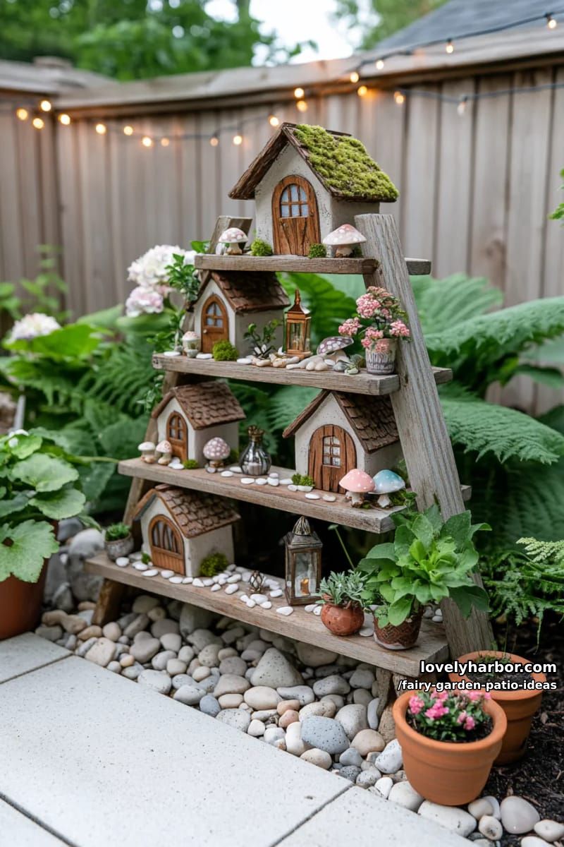 arrange a whimsical ladder shelf with fairy houses and trailing vines. 1