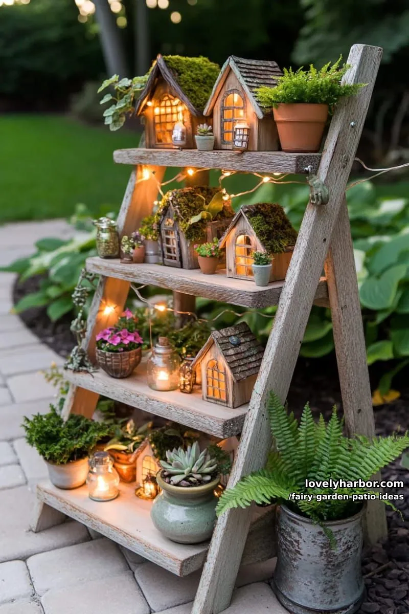 15 Enchanting Fairy Garden Patio Ideas to Inspire Your Space 17 arrange a whimsical ladder shelf with fairy houses and trailing vines. 1